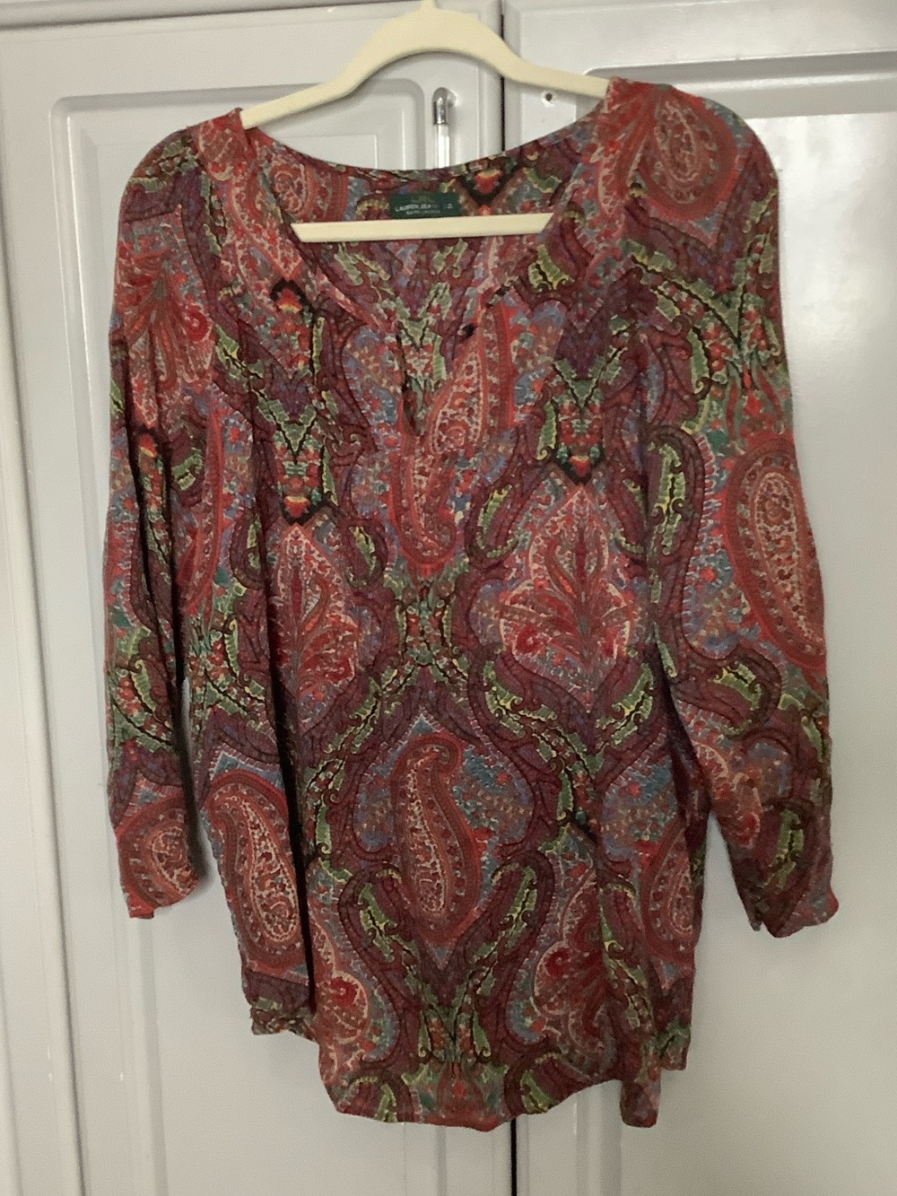 LRL Ralph Lauren Jeans Co. Women’s Paisley Split-Neck Shirt- Red Multic Size S